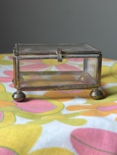 Square Glass Brass Framed Small Vintage Vanity Box Jewelry Casket Trinket Case