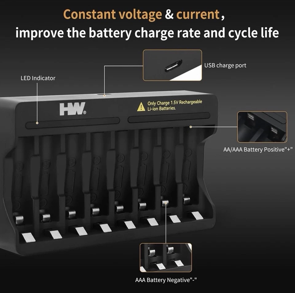 HW Rechargeable Lithium AA Batteries, 1.5V 2A, 8pack w/ Charger, NEW in Box - Image 3 of 4
