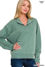 ZENANA HUNTER GREEN PIGMENT DYE FRENCH TERRY HALF ZIP PULLOVER SWEATSHIRT 5282