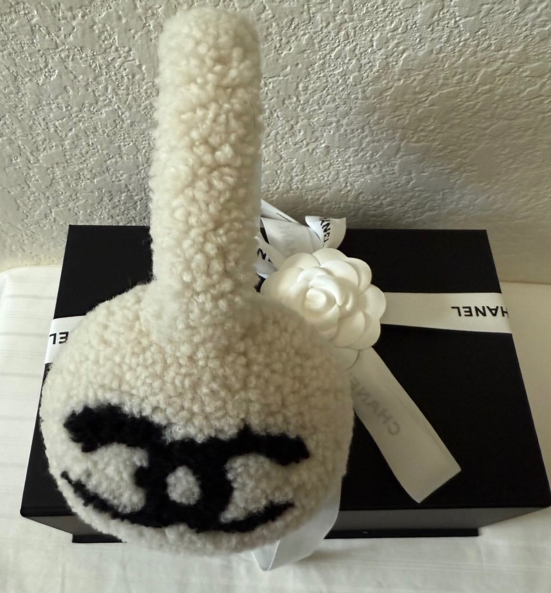 Chanel Classic Ecru Shearling Earmuffs Black CC Logo 25B | eBay