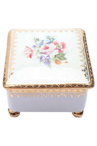Limoges Scatola Decorativa Porcellana Bianco Oro Fiori 7.5cm