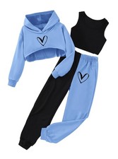 Girls Graphic 3 Piece Outfits Workout Crop Hoodie Ribbed Tank and Sweatpants ...