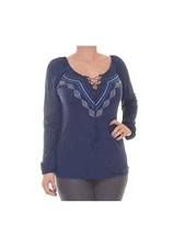 SAN JOY Womens Navy Embroidery Detail Long Sleeve Keyhole Casual Top  Size: XS