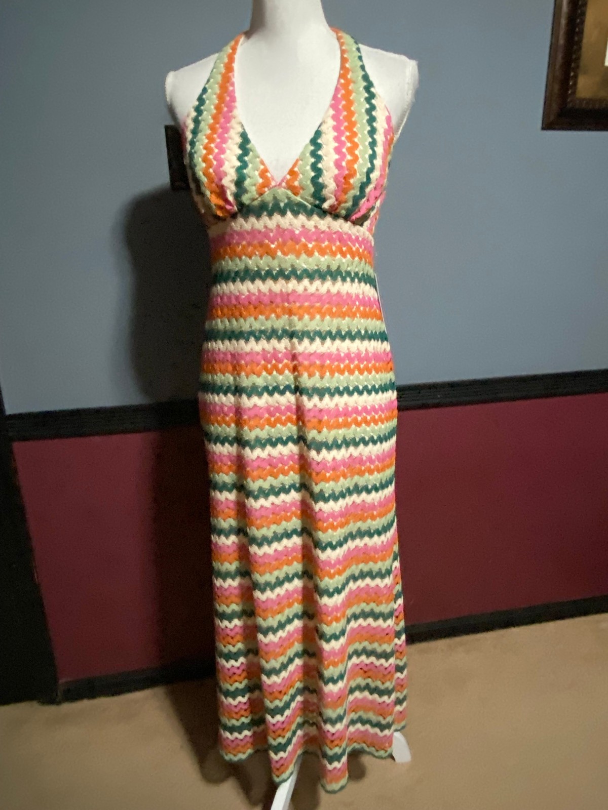 PREMIER AMOUR Crochet Midi Dress Womens Halter Stripe Slit Stretch Retro NWT