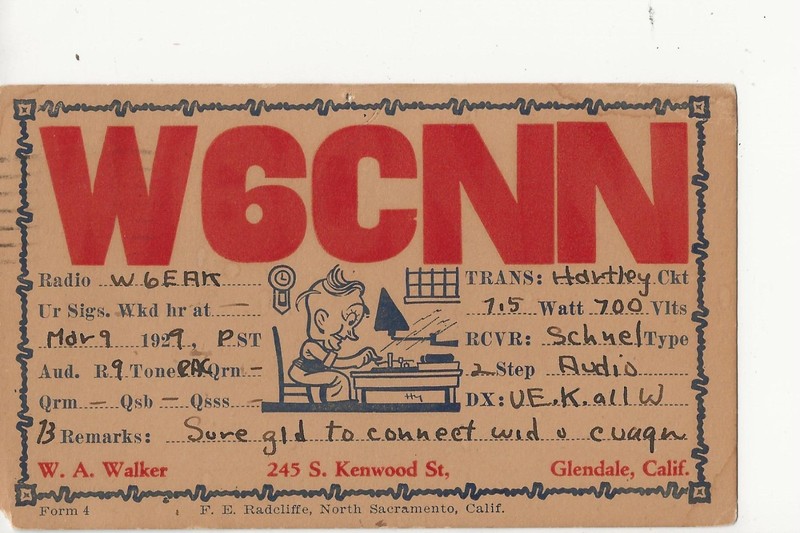 1929  W6CNN  Glendale Calif  Cartoon   QSL radio postcard