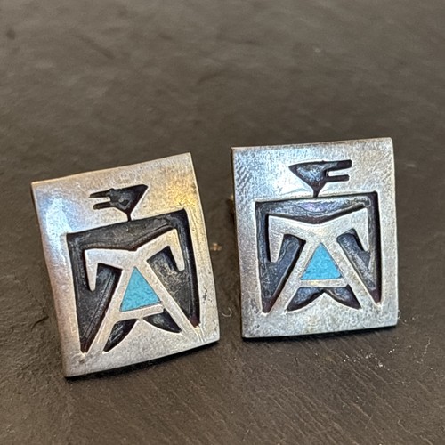 Thunderbird Southwest Vintage Turquoise Sterling Cufflinks Traders Code Wz