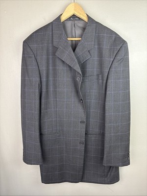 Lazetti Couture 44R 4 Button Blazer Gray Blue Windowpane Super 120s