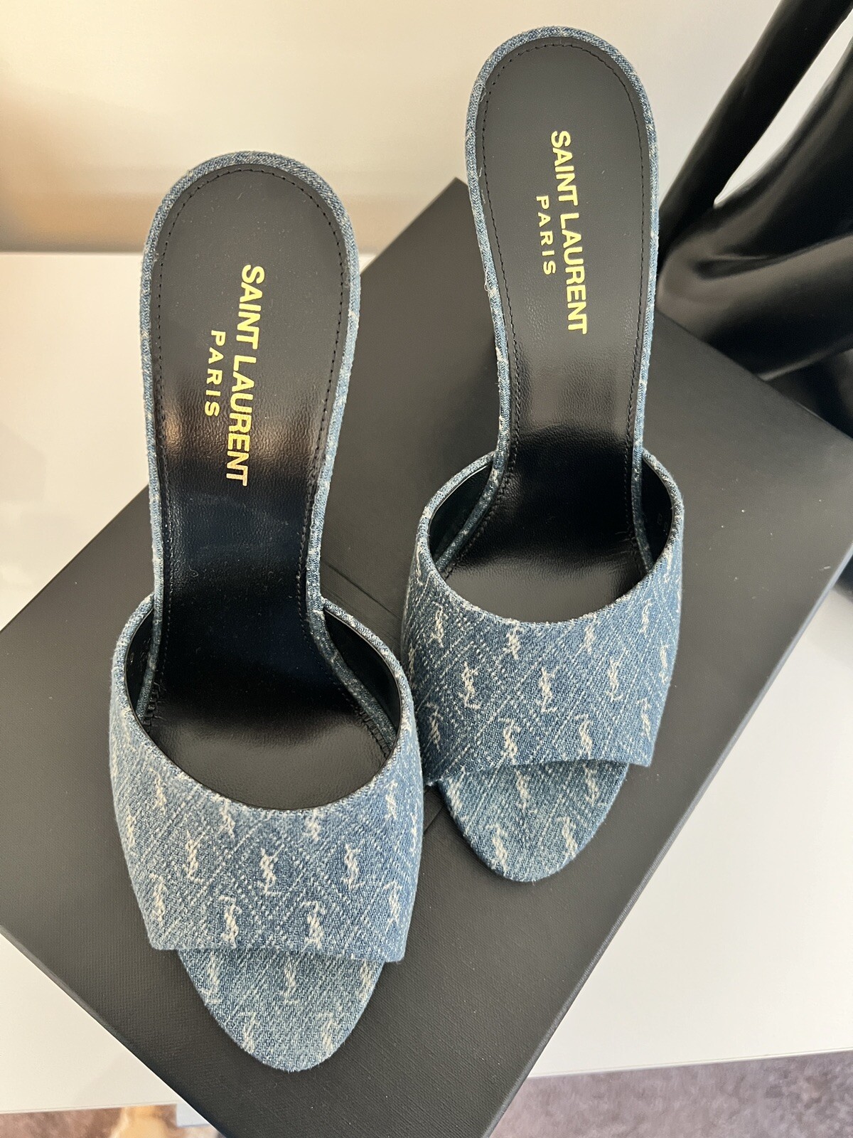 Sandali Saint Laurent YSL 39 denim jeans monogramma mulo slide tacco nuovi con scatola!