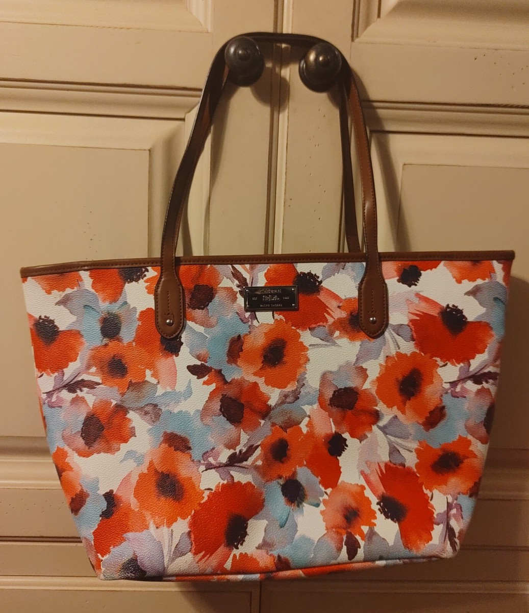 Ralph Lauren RLL Red Floral Leather Shoulder Bag L Designer Tote Purse $35
