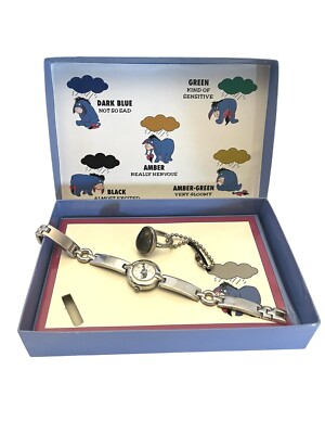 Vintage Disney Time Works Silver Tone EEYORE MOOD WATCH AND RING Set