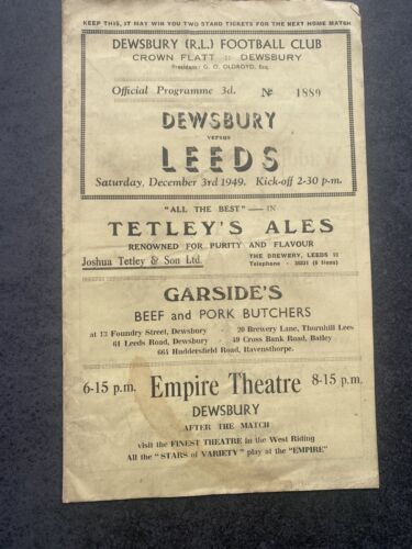 1949 RUGBY LEAGUE PROGRAMME DEWSBURY V LEEDS YORKSHIRE ENGLAND - Picture 1 of 1