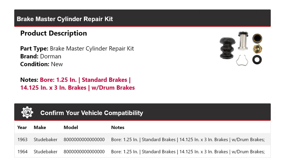 Kit de reparación de cilindro maestro de freno Dorman Studebaker 8E15 1963-1964 Foto 2 de 3