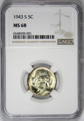 1943-S JEFFERSON NICKEL ~ SUPER GEM NGC MS68 TOP POP!