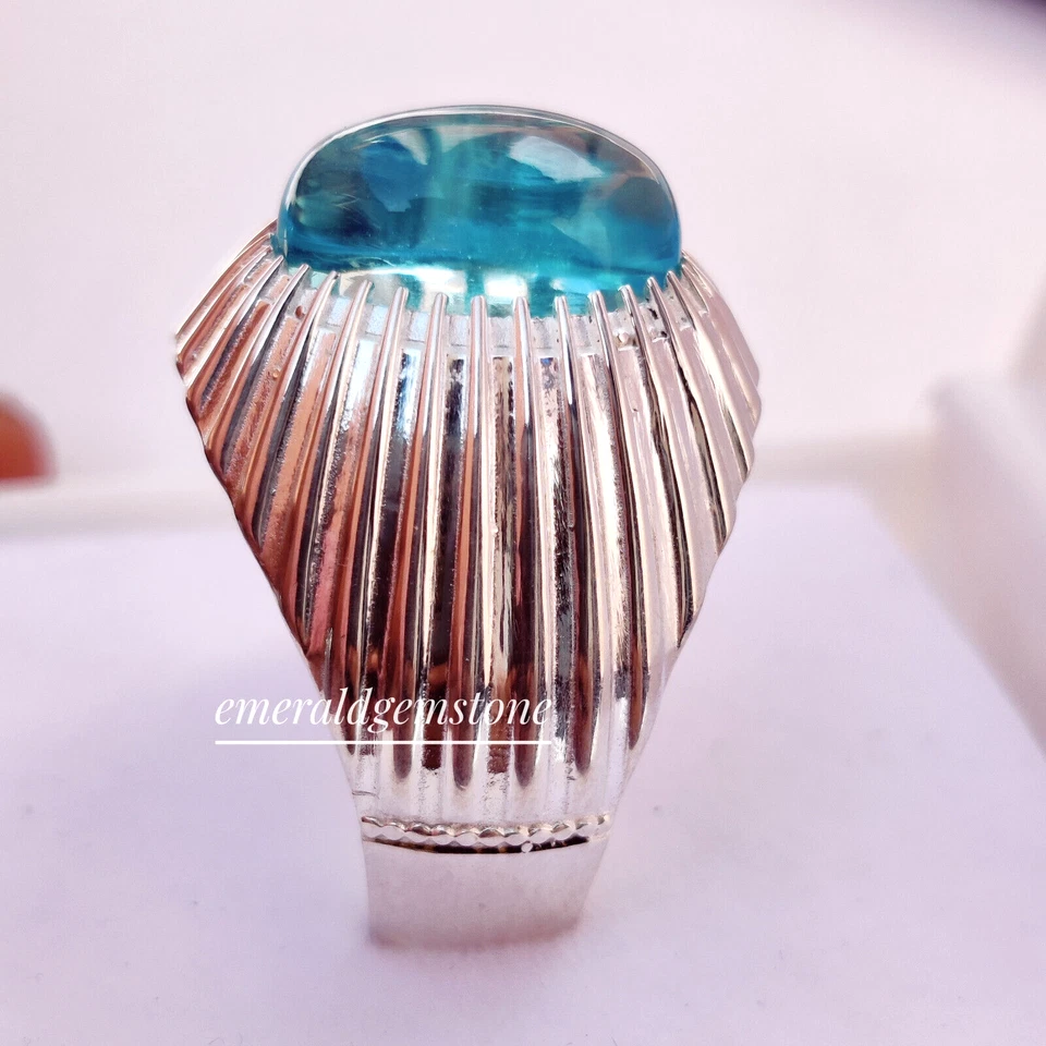 Anillo de boda de topacio azul cielo para hombre anillo de plata de ley 925 anillo hecho a mano Foto 3 de 4