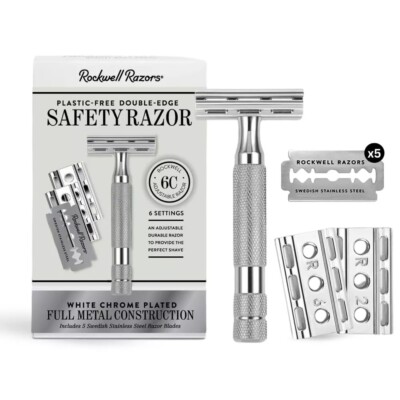 Rockwell 6C Razor, White Chrome Adjustable 6 Settings For Men Women + 5 Blades