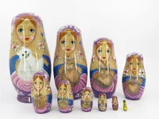Vintage Hand-Painted Russian Matryoshka Nesting Dolls Cat Design Set of 10