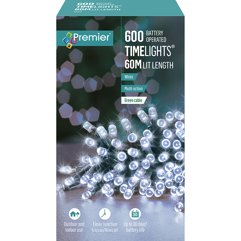 Premier 600 LED Battery Operated Multi-Action Christmas Tree Lights Timer WHITE