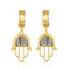 Yellow Gold Plated 925 Silver Labradorite Gemstone Hamsa Hand Cuff Earrings