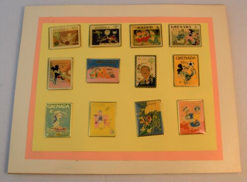 Rare Vintage Disney International Stamp Pin Collection 10 Pcs Framed - Picture 1 of 6
