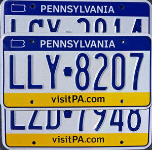 One Random PENNSYLVANIA LICENSE PLATE - Blue Letters Yellow Band License Plates