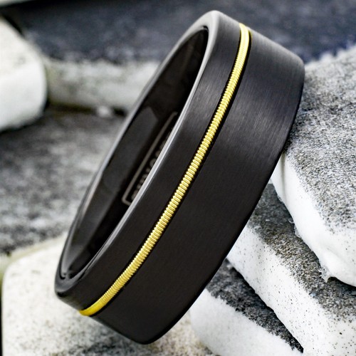 Anillo de guitarra offset offset negro cepillado de 8 mm grabado banda de boda para hombre - Imagen 6 de 11