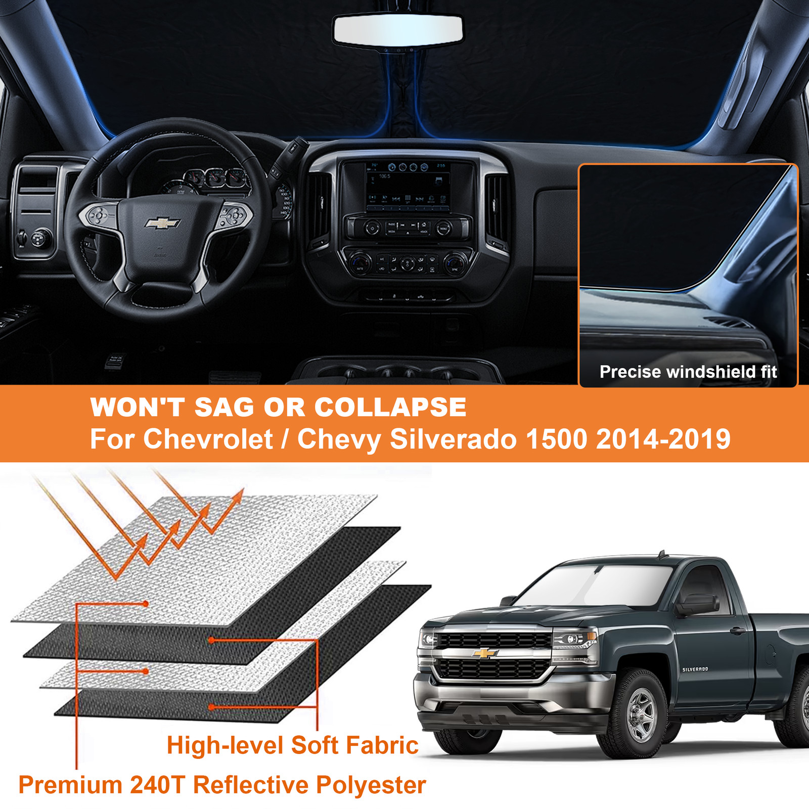 For Silverado Sierra 1500 2014-2019 Front Windshield Sun Shade Reflective Cover