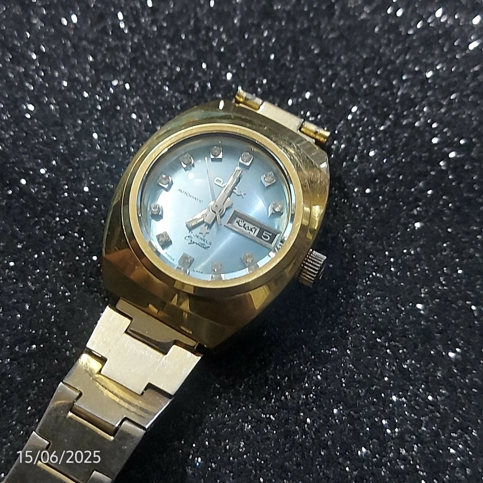 Vintage Omax Automatic Sunburst Blue Gold Plated Watch Day/Date 31 mm Swiss Made - Image 4 of 4