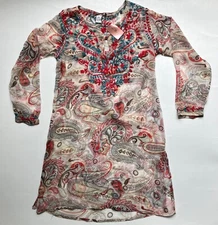 Raj NWT Ladies White Gray Red Long Tunic Top Swim Cover Embroidered S 100% Silk
