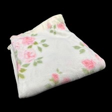 Vintage Floral Blanket Pink Rose Flowers Satin Style Trim Mid Century Bedding
