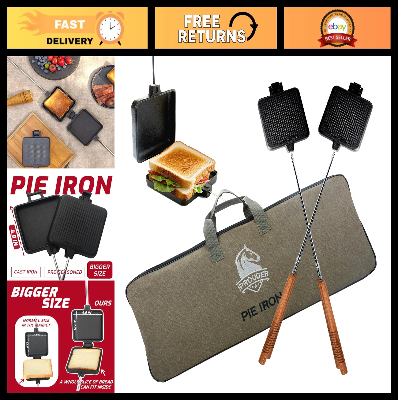 Large Cast Iron Campfire Pie Iron Sandwich Maker - 2 Pcs with Storage Bag, 22.6"