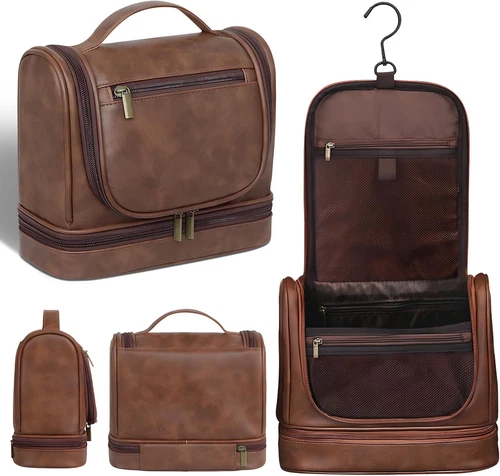 Travel Toiletry Bag for Men and Women, Leather Hanging Toiletry Organizer, Water - Picture 1 of 12