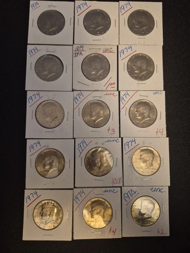 15 Mint Uncirculated 1974 Kennedy Half Dollars Coin Collection