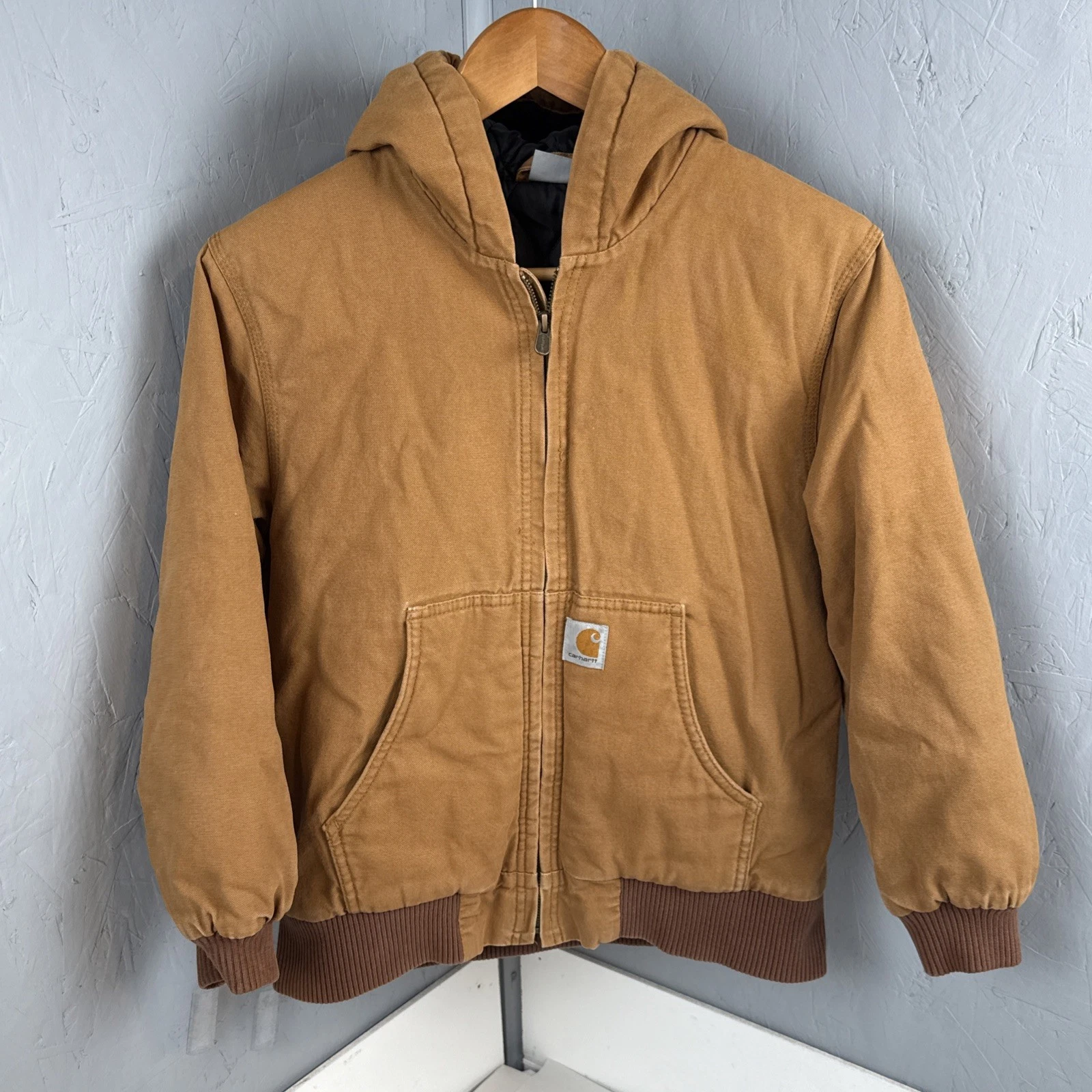 Carhartt Youth Jacket Medium 10-12 Canvas Hood Quilted Insulated Brown Workwear