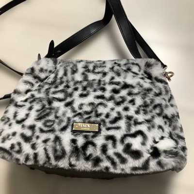 Evex by Krizia Leopard Shoulder Bag Purse Faux Fur Gray x Black USED Good Cond