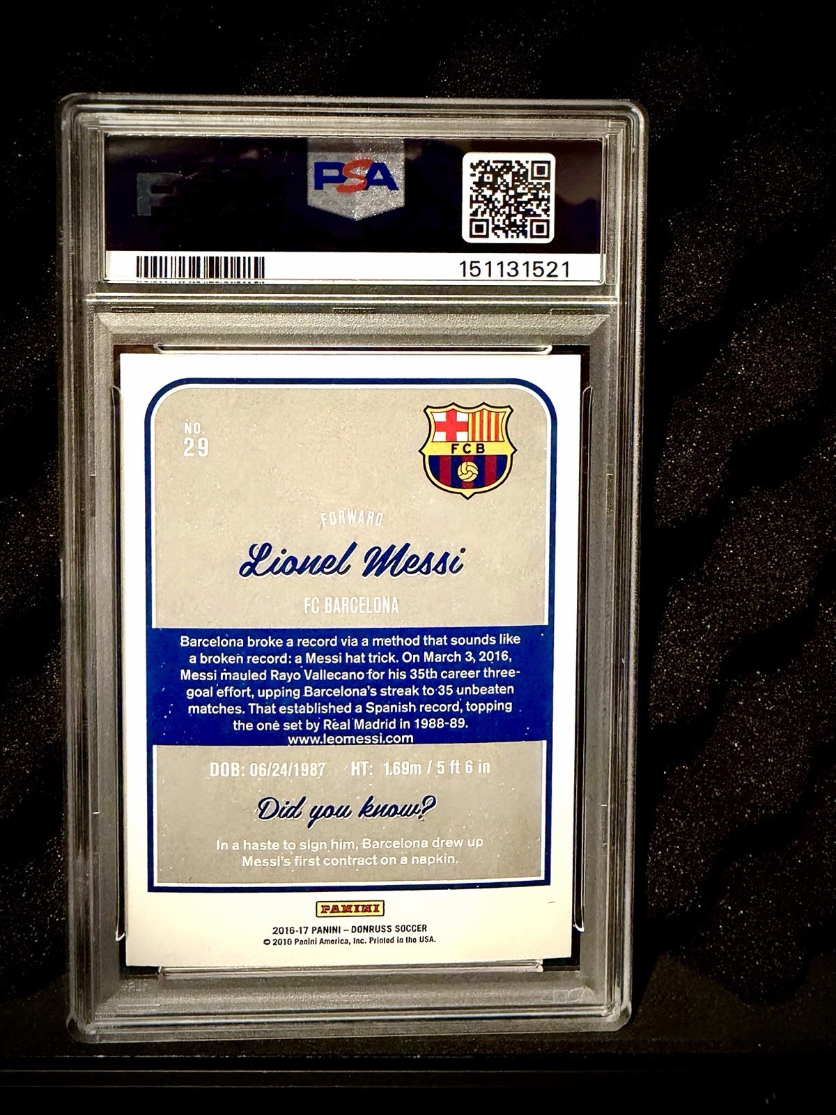 Panini 2016-17 Donruss Lionel Messi FC Barcelona #29 PSA 10 Soccer Card view 2