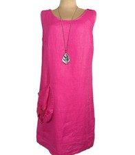Carre Noir 100% Linen Shift Dress Size M Hot Pink Midi Sleeveless Pockets Lined