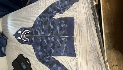 A Bathing Ape BAPE Shark Blue Camo Full Zip Cotton Hoodie Men's Size S