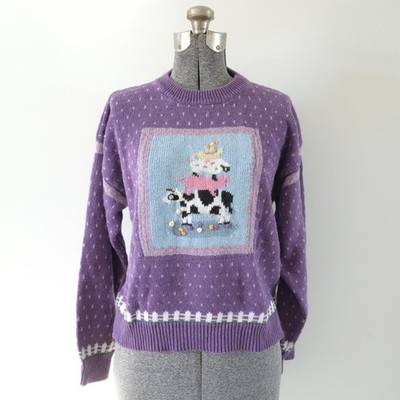 1980s-90s Northern Isles Petites Purple Sweater w/ Barnyard Animal Embroidery PM