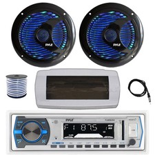 Pyle Bluetooth Marine Radio, Cover,Antenna,Wire, 2x 6.5'' 150W LED Black Speaker
