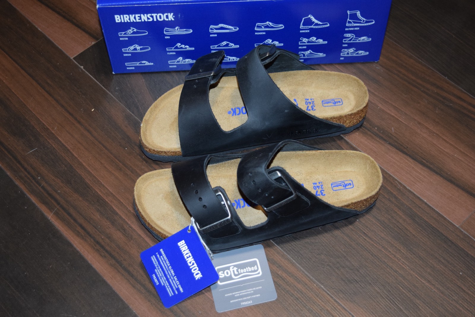 BIRKENSTOCK ARIZONA WAXY LEATHER BLACK NARROW FIT SANDALS EU 37, US 6 WOMEN