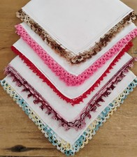 Vgt Lot Of 5 White Linen Multi Color Tatting Hankies Handkerchiefs