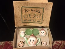 ANTIQUE VTG 1920’s  MINIATURE TOY TEA SET KEWPIE DOLL FACES W BOX PREWAR JAPAN