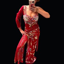 Unique Red Italian Lycra Bellydance Jumpsuit: Beaded Raks Sharki Costume