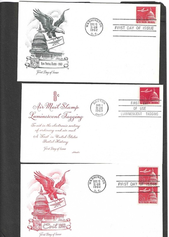 Airmail First Day Covers-8c -Single, Luminescent, Coil- Scott C64  C64c  & C65