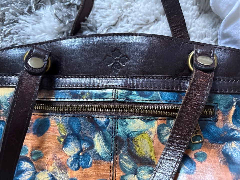 PATRICIA NASH 印花皮革手提包 Poppy Sienna 托特包花卉蓝色带防尘袋 — 第 2/4 张图片