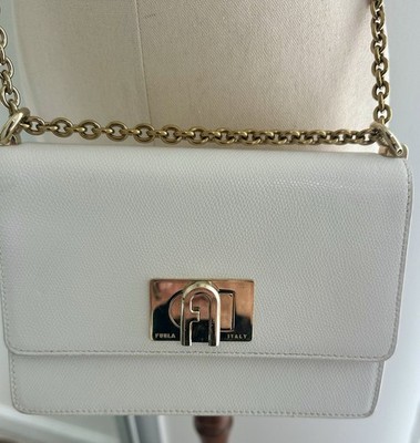 FURLA 1927 CROSSBODY MINI White Leather Suede Interior Turn Lock Gold Hardware