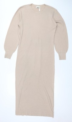 Hübsches aufwendiges beigefarbenes figurbetontes Strick-Midikleid für Damen Größe S
