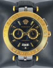 Luxury Versace Chronograph Men Black Dial Leather Band Quartz Wristwatch