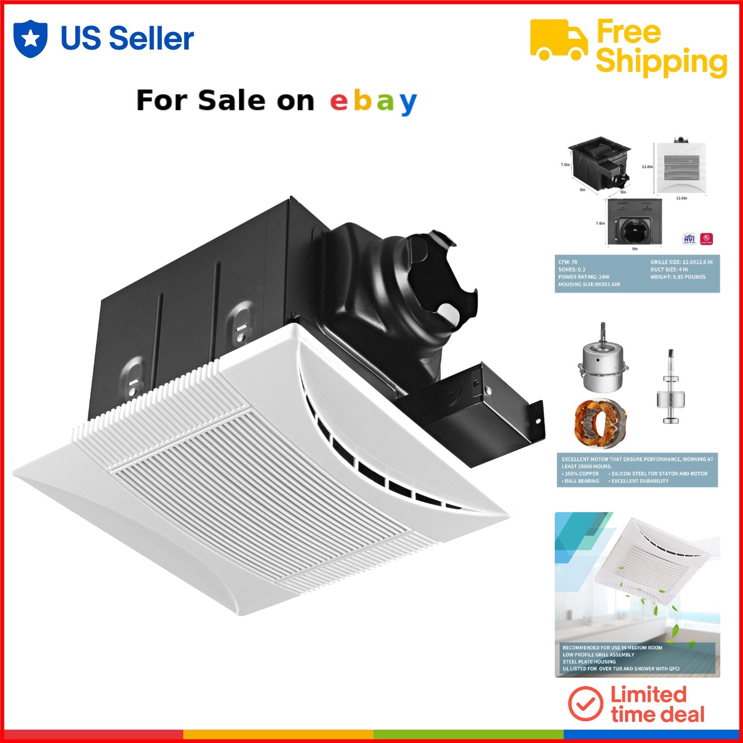 70 CFM White Bladeless Quiet Bathroom Exhaust Fan Energy Star Ceiling Mount