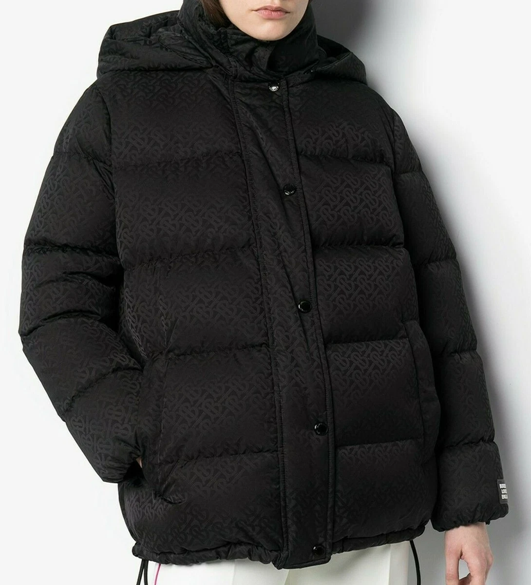 Hooded black down jacket with rubber monogram